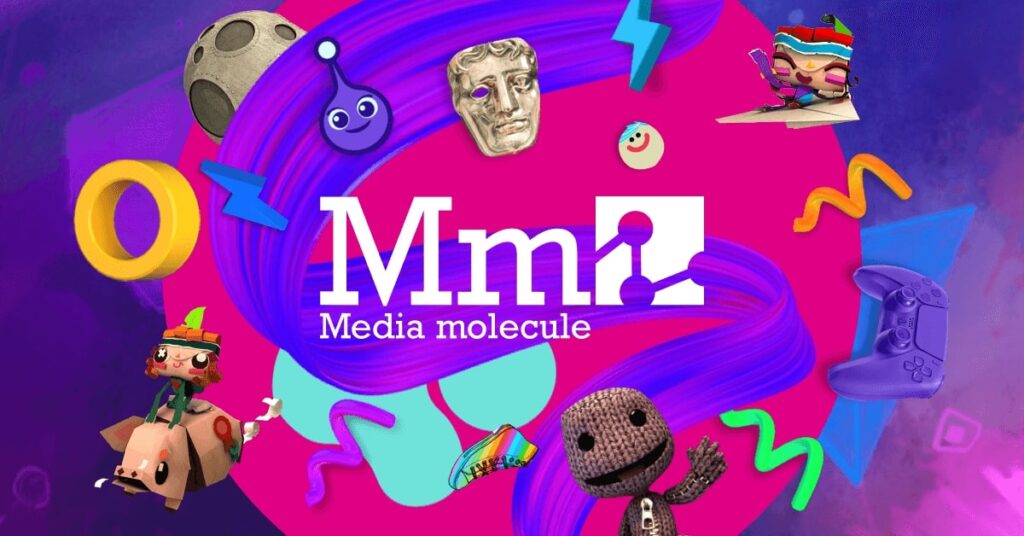 Logo Media Molecule z elementami z gier wokół