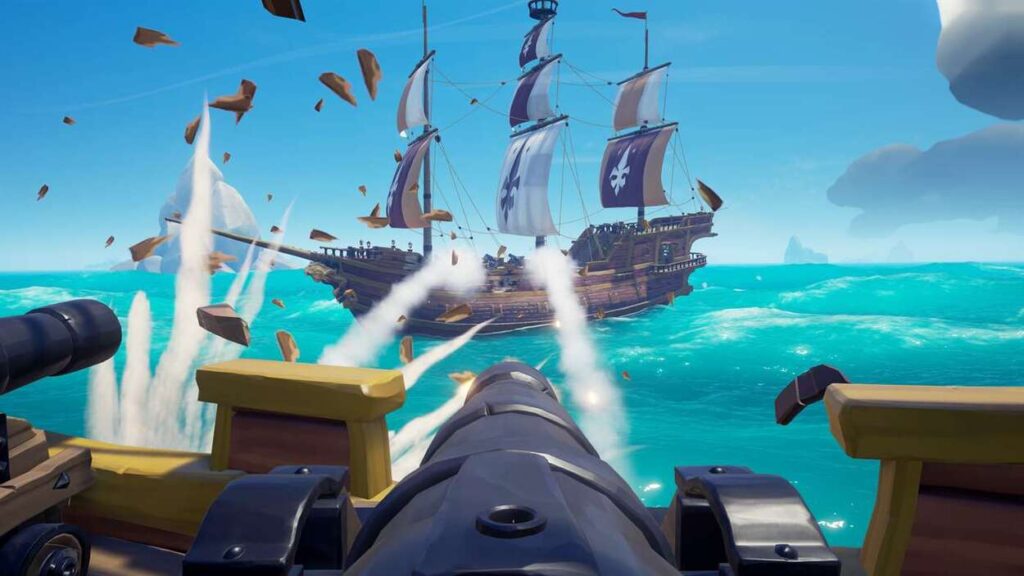 Gracz strzelający z armaty na statku w Sea of Thieves