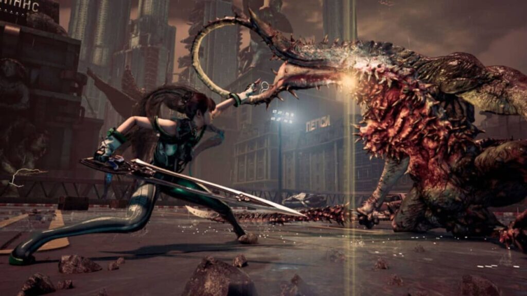 Bohaterka Stellar Blade walczy mieczem z ogromnym przeciwnikiem