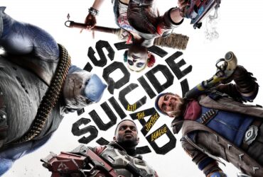 Postaci z Suicide Squad: Kill the Justice League z logo gry w tle