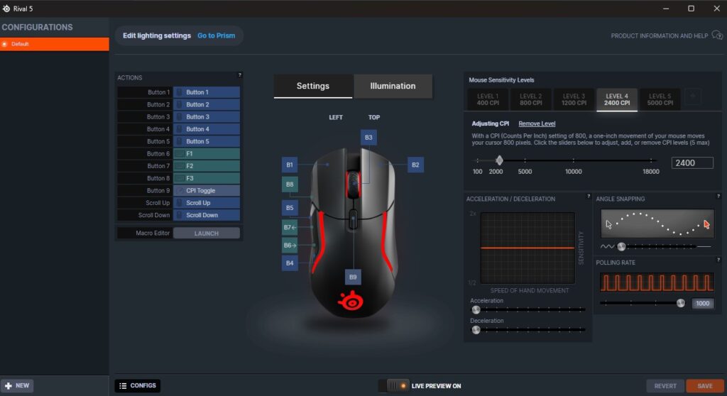 Ekran konfiguracji myszy SteelSeries Rival 5 w SteelSeries GG