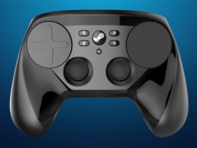 Steam Controller na niebieskim tle