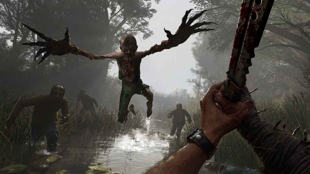 Zombie skaczące na gracza trzymającego maczetę w Dying Light: The Beast