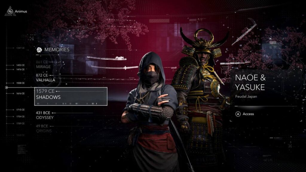 Ekran główny Animus Hub z Naoe i Yasuke z Assassin's Creed Shadows