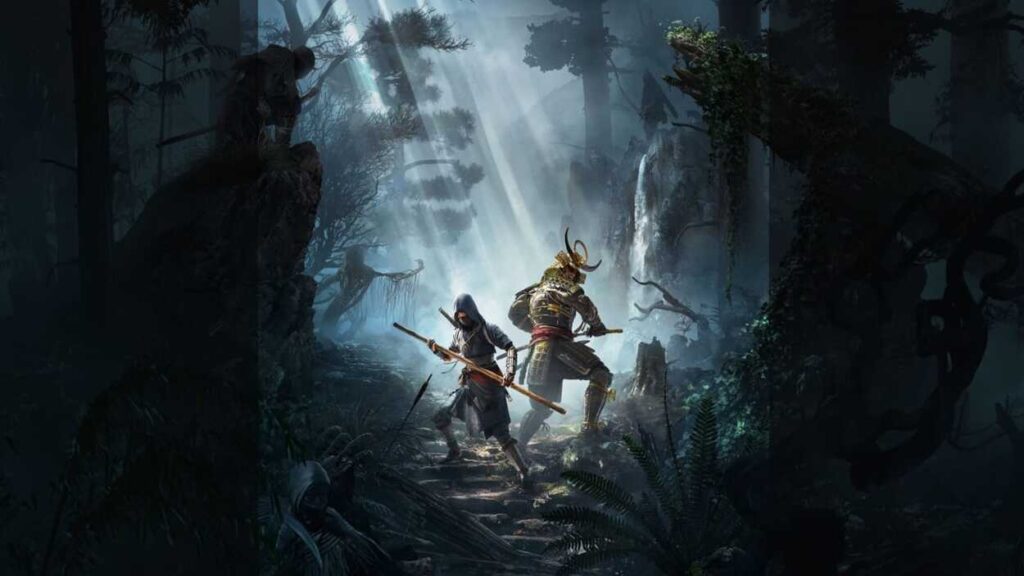 Dwóch bohaterów Assassin's Creed Shadows w mrocznym lesie