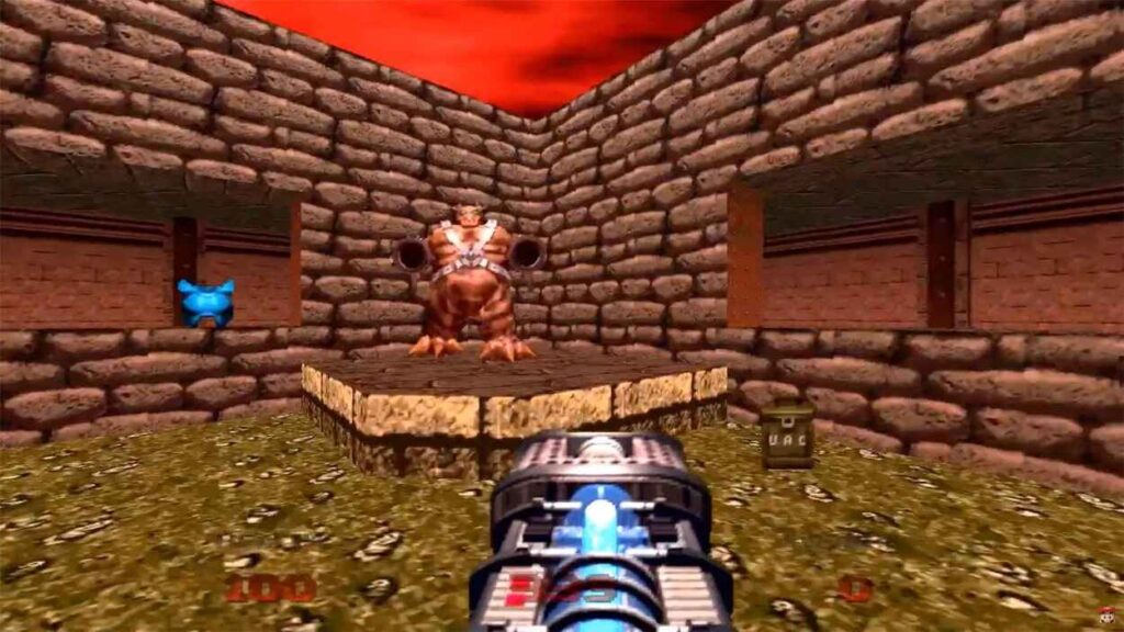 Gracz z bronią w DOOM 64 celuje do potwora z 2 broniami