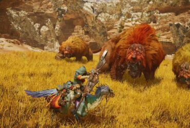 Bohater Monster Hunter Wilds na wierzchowcu strzela do niedźwiedzi