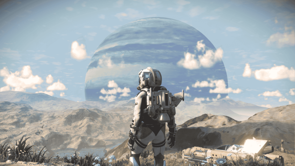 Główny bohater No Man's Sky na tle planety wychodzącej zza horyzontu