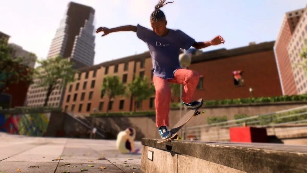 Skater grindujący po krawężniku w grze Skate.