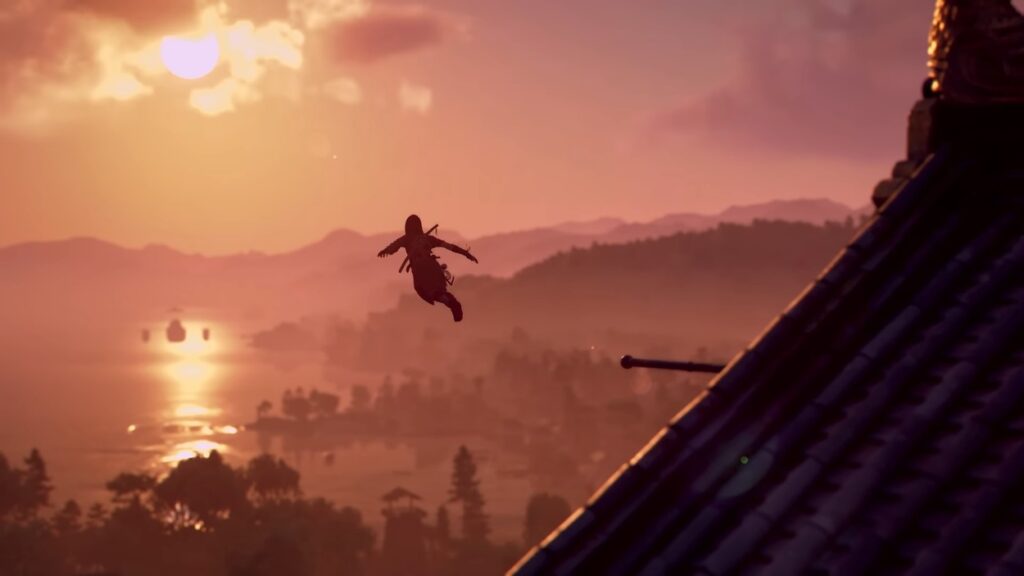 Naoe skacząca z dachu w Assassin's Creed Shadows