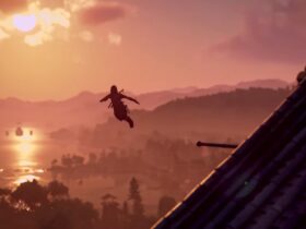 Naoe skacząca z dachu w Assassin's Creed Shadows