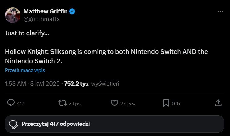 Wpis Matthew Griffina na X na temat Hollow Knight: Silksong