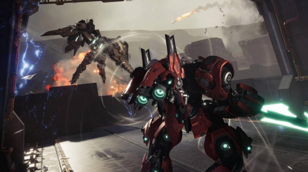 Duży czerwony mech atakujący przeciwnika w Mecha BREAK