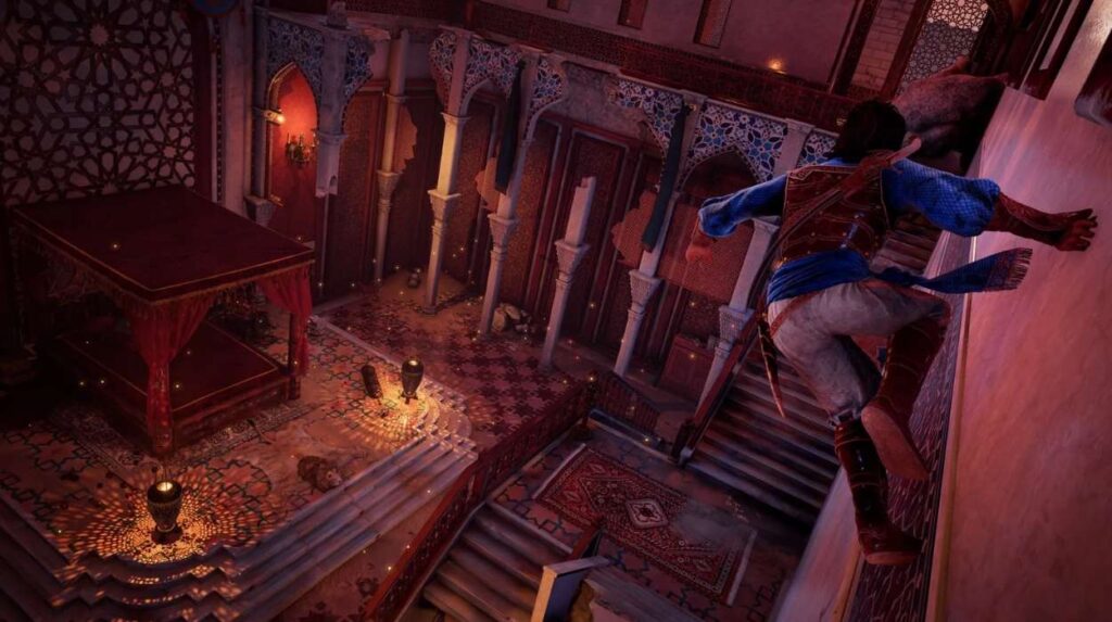Książę z Prince of Persia biegnie po ścianie we wnętrzu pałacu