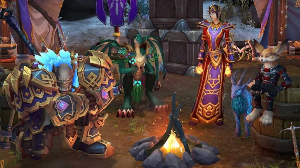 Kilku bohaterów z World of Warcraft siedzi przy ognisku