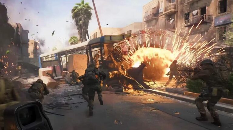 Kilkoro żołnierzy biegnie wśród wybuchów w Battlefield 6