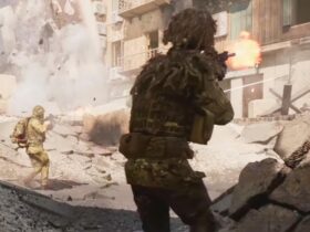 Żołnierze strzelający do budynku na pustynnej mapie w Battlefield 6