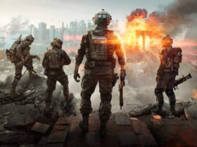 Kilku żołnierzy stoi nad miastem w stanie wojny w Battlefield 6