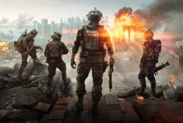 Kilku żołnierzy stoi nad miastem w stanie wojny w Battlefield 6