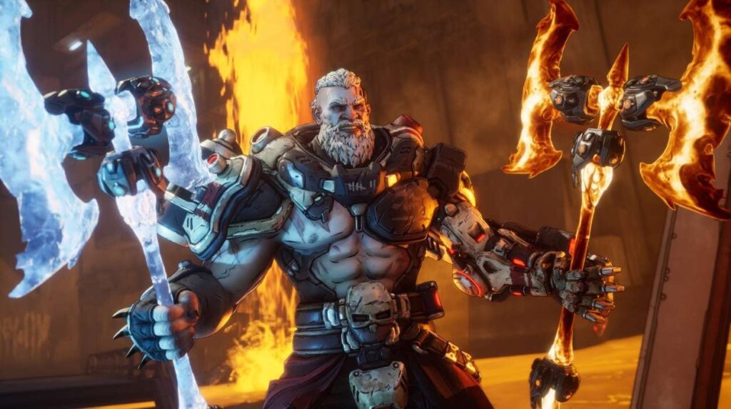 Potężny mężczyzna z brodą trzyma dwa ogromne topory w Borderlands 4