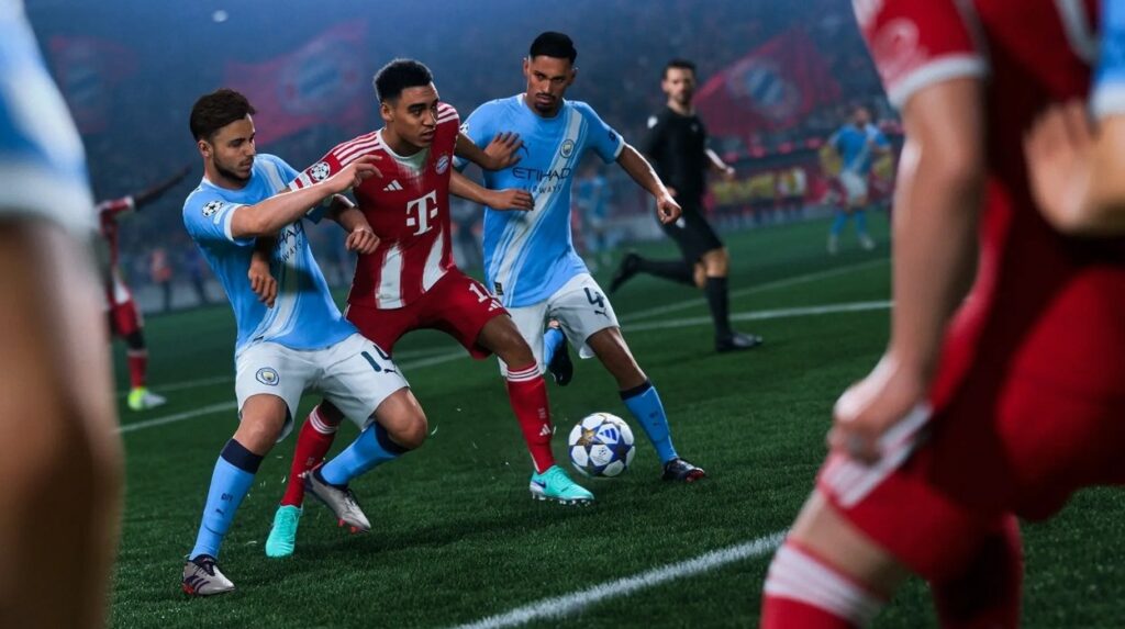 Trzech piłkarzy przepycha się przy piłce w EA Sports FC 26
