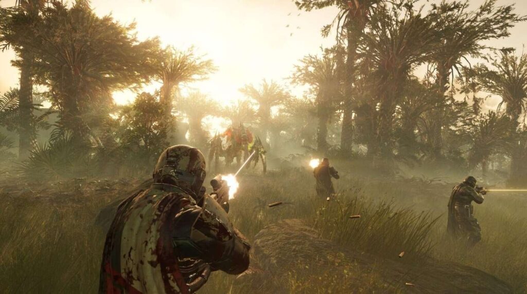Gracz strzelający do ogromnego insekta w Helldivers 2