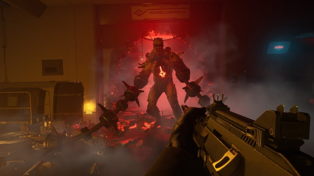 Główny bohater Killing Floor 3 celuje z karabinu do dużego przeciwnika
