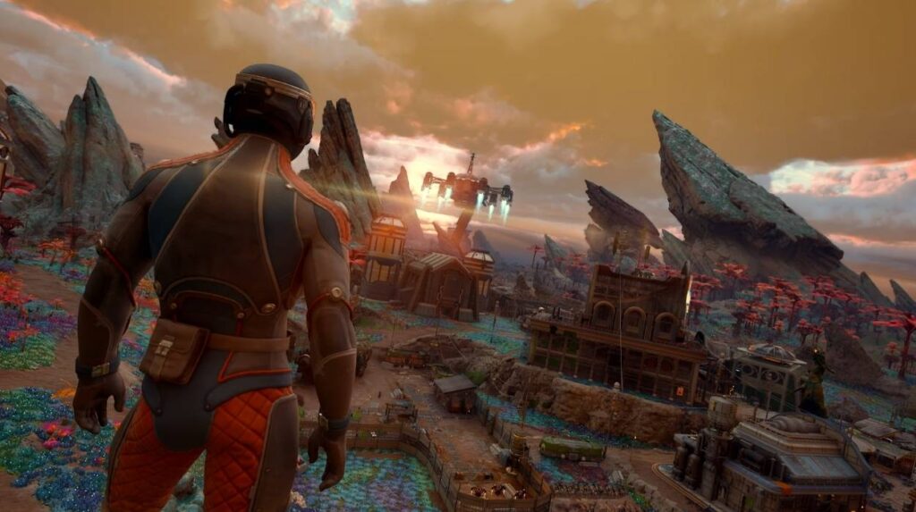 Główny bohater The Outer Worlds 2 w kombinezonie przed miastem na pustynnej planecie