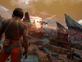 Główny bohater The Outer Worlds 2 w kombinezonie przed miastem na pustynnej planecie