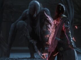 Główna bohaterka Wuchang: Fallen Feathers przed przerażającym potworem