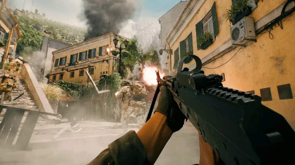 Gracz strzela z karabinu w stronę walącego się budynku w Battlefield 6