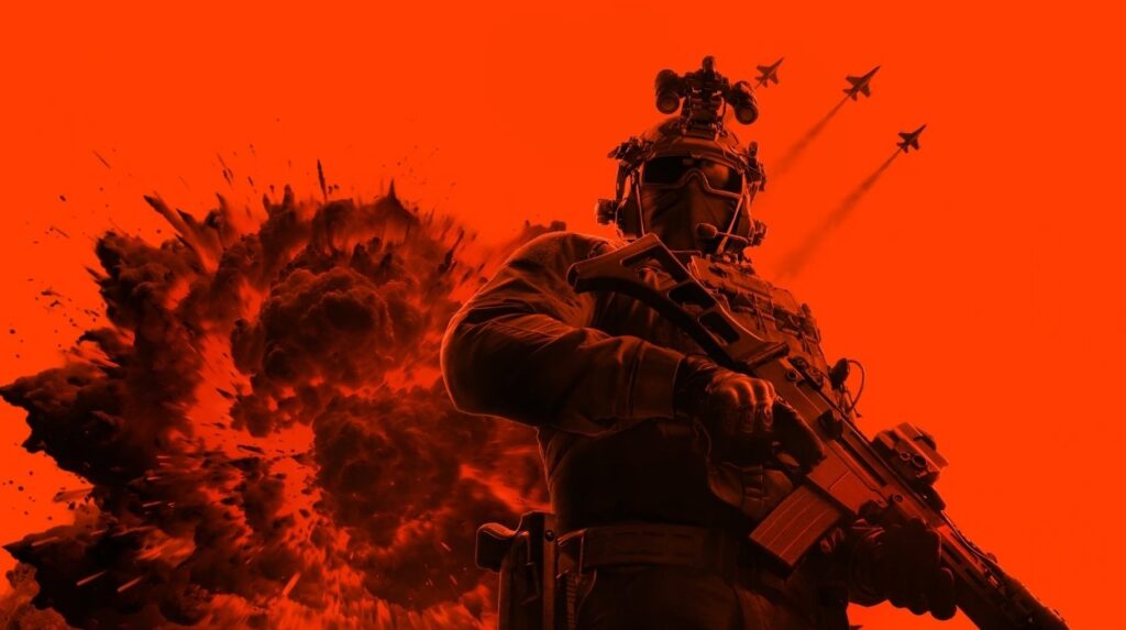 Żołnierz z Battlefield 6 na tle wybuchów i myśliwców