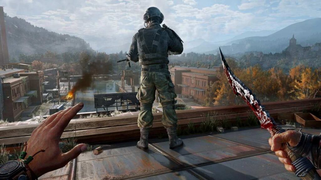 Główny bohater Dying Light: The Beast podchodzi z nożem od tyłu do żołnierza