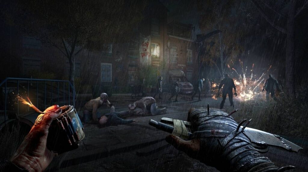 Gracz trzymający bombę i nóż przed grupą zombie w Dying Light: The Beast