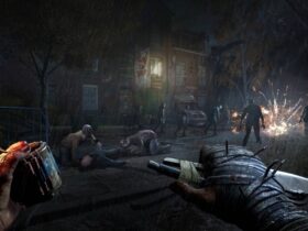 Gracz trzymający bombę i nóż przed grupą zombie w Dying Light: The Beast