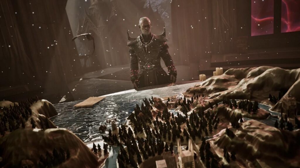Xardas stojący przed mapą świata w Gothic Remake