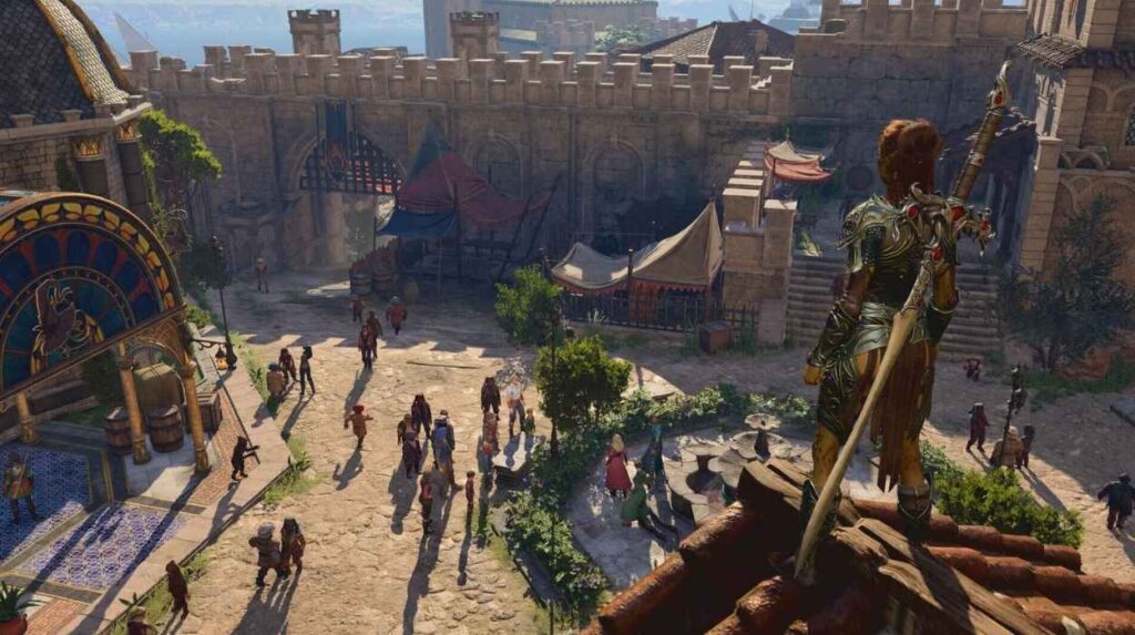 Bohaterka Baldur's Gate 3 w zbroi stoi na dachu w centrum miasta