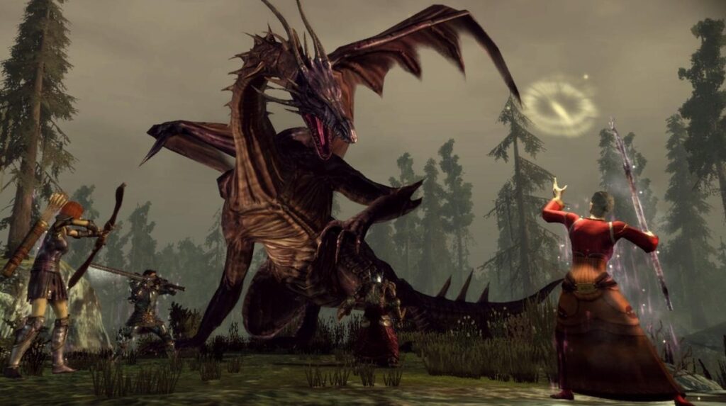 Grupa bohaterów walczy ze smokiem w Dragon Age Origins