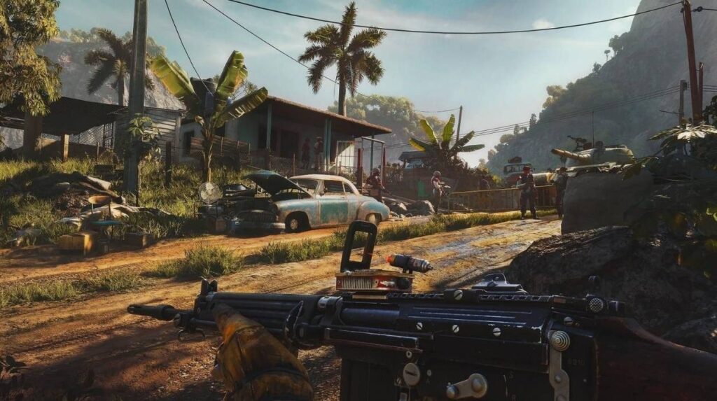 Gracz z karabinem szturmowym w wiosce na rajskiej wyspie w Far Cry 6