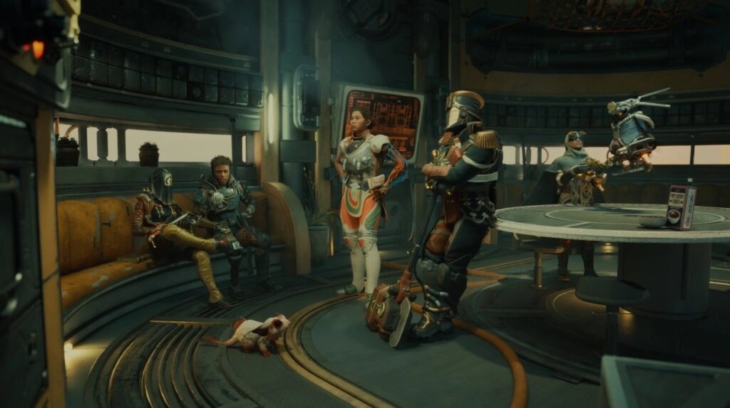 Grupa bohaterów z The Outer Worlds 2 w jednym futurystycznym pokoju