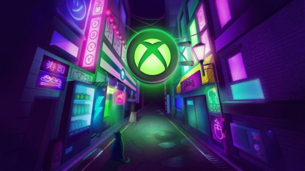 Logo Xbox w nowoczesnej miejskiej uliczce w Tokyo