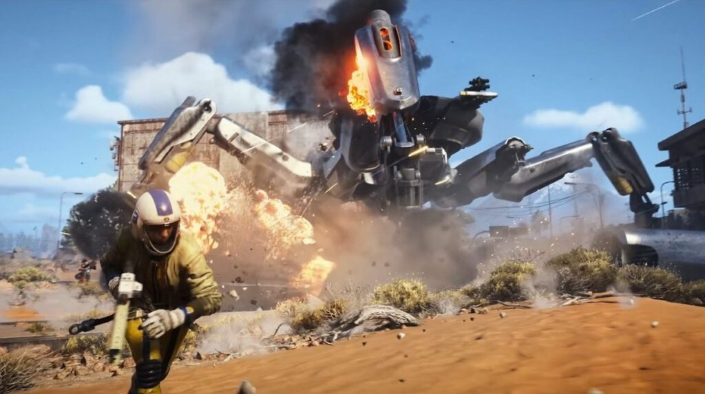 Gracz ucieka od ogromnego mechanicznego pająka w ARC Raiders