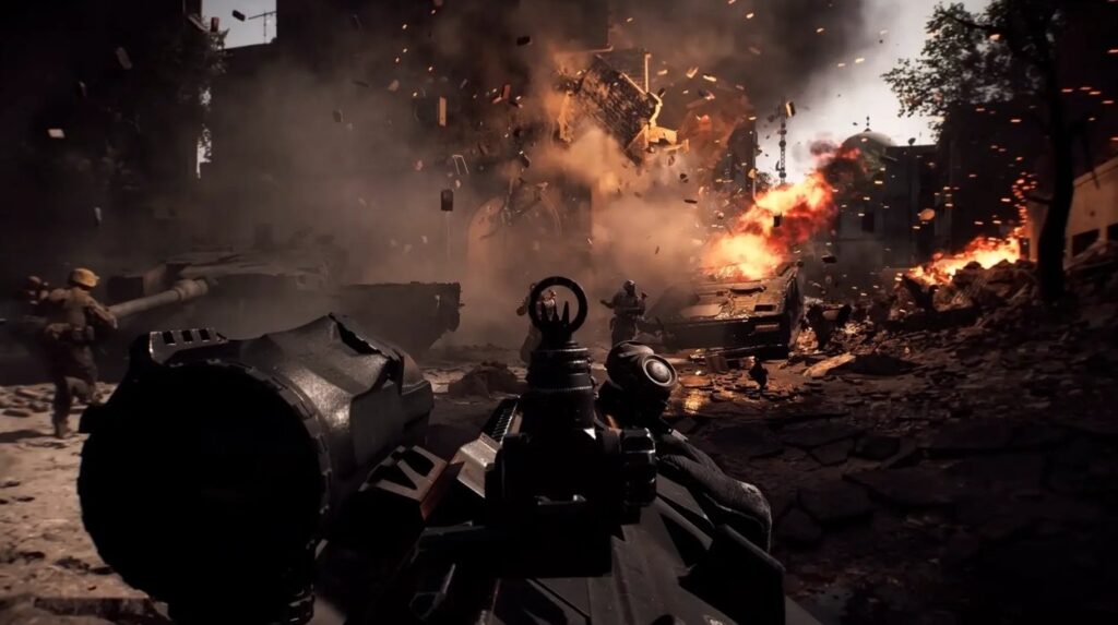 Gracz strzela z karabinu maszynowego do przeciwników na tle wybuchającego budynku w Battlefield 6