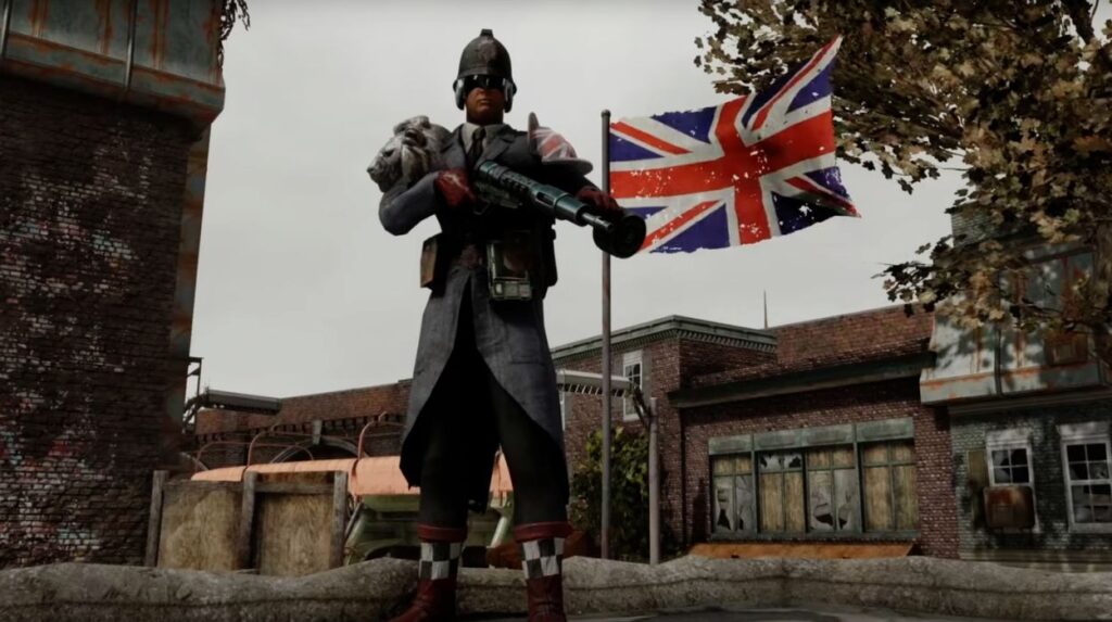 Główny bohater Fallout: London na tle flagi Wielkiej Brytanii