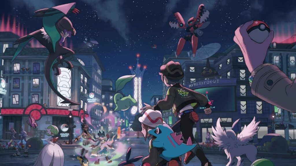 Grupa pokemonów i ludzi w centrum miasta w Pokemon Legends: Z-A