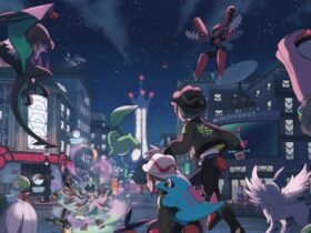 Grupa pokemonów i ludzi w centrum miasta w Pokemon Legends: Z-A