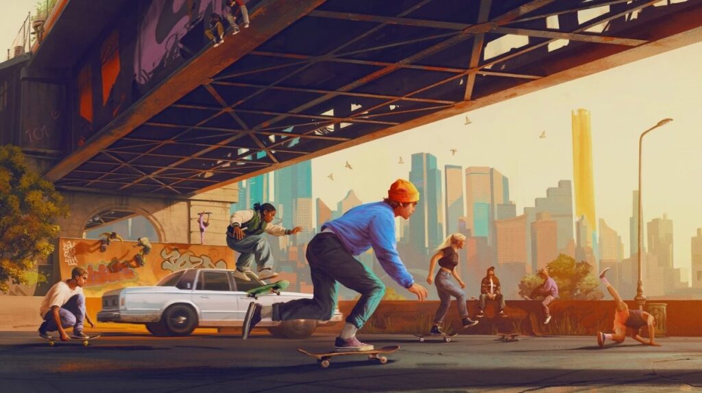 Grupa skaterów jedzie przez słoneczne miasto