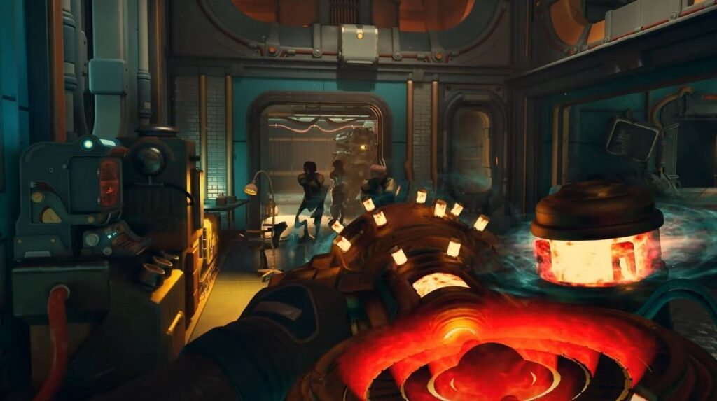 Gracz strzelający z rozgrzanej broni do przeciwników w The Outer Worlds 2
