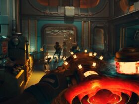 Gracz strzelający z rozgrzanej broni do przeciwników w The Outer Worlds 2
